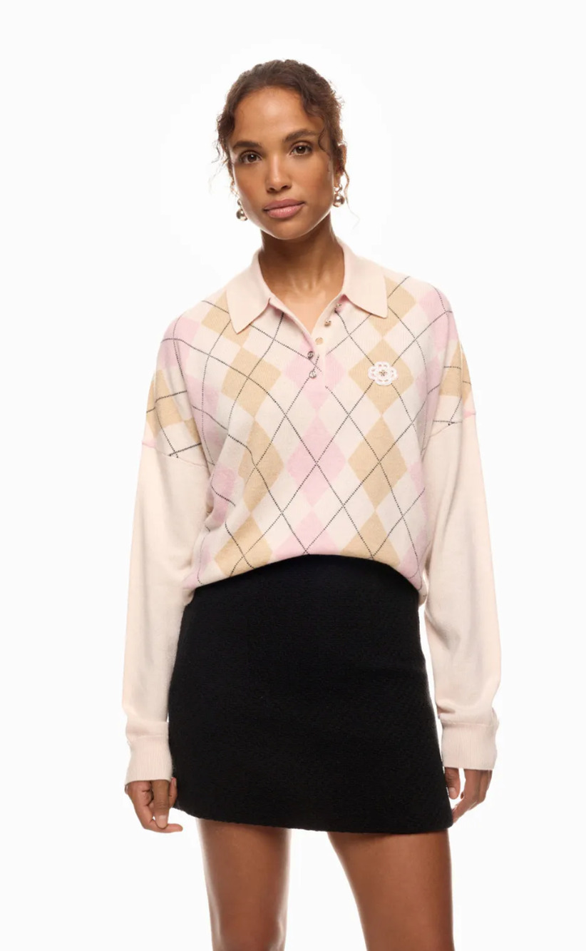 Maje Beige & Pink Argyle Knit Wool Sweater
